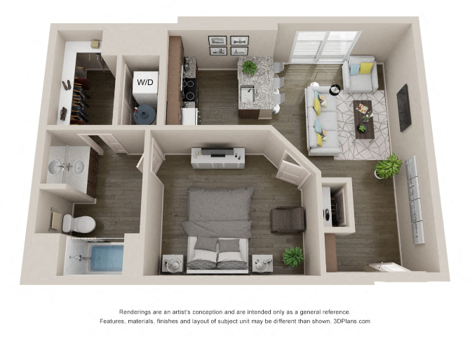 Floor plan for 1 bed, 1 bath, 691 sqft